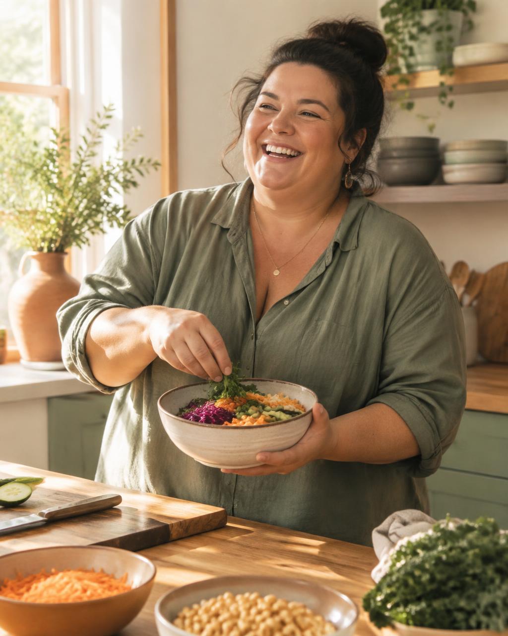 Woman smiling while preparing a vegetable bowl